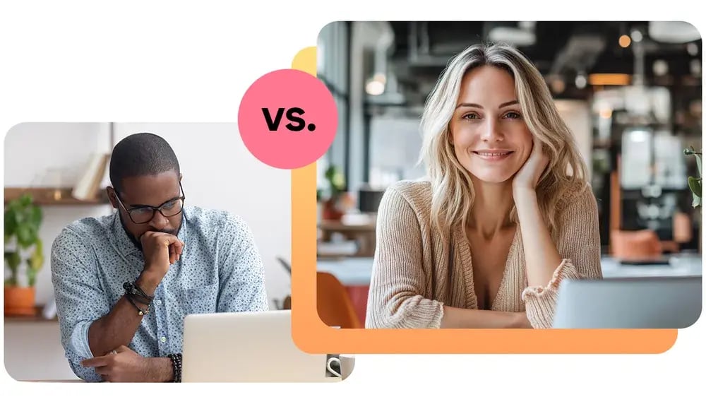 Split image of a man and woman working at laptops with