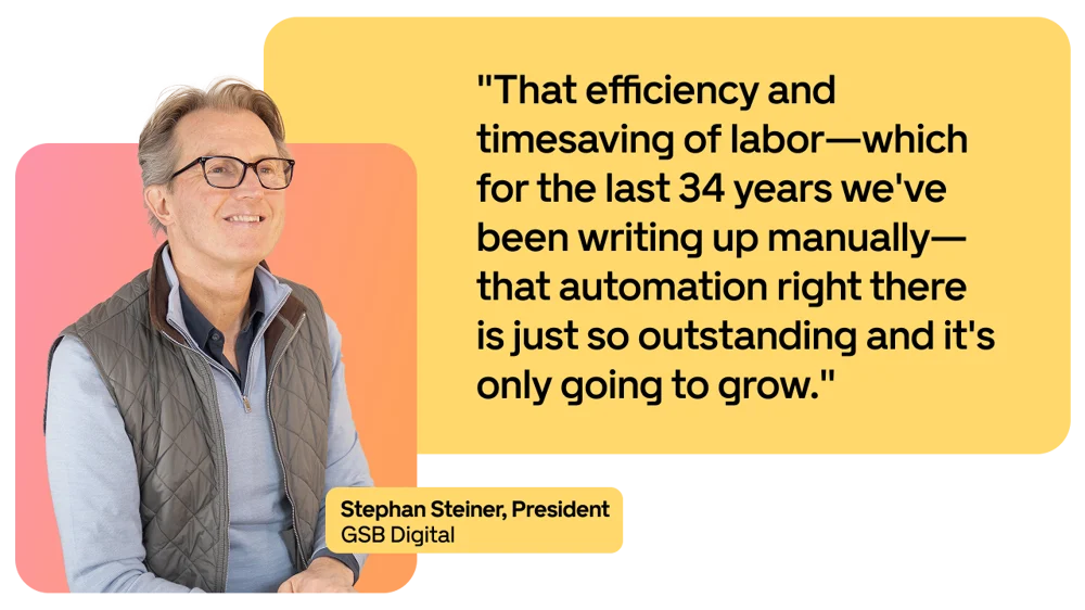 Man in glasses and vest sitting, with a quote on automation's efficiency and growth. Text box: 