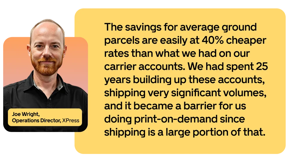Man with a beard and short hair next to a quote about cost savings in parcel shipping, highlighting a 40% reduction in rates.