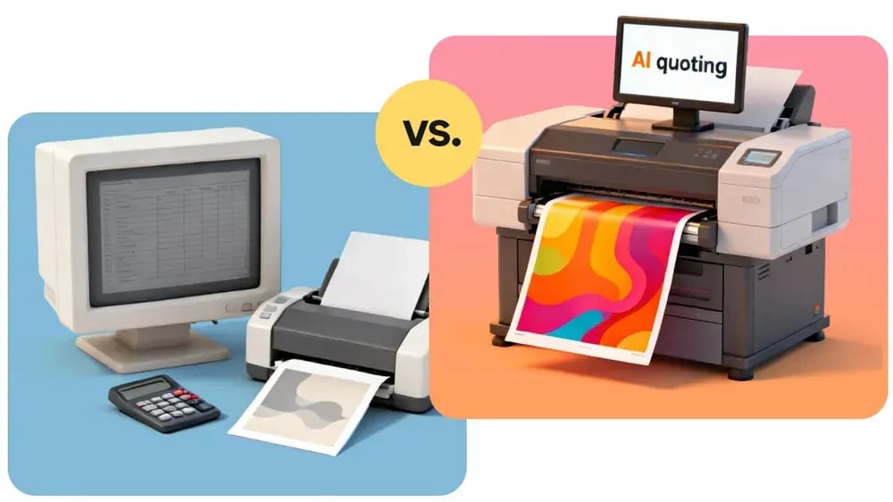 Vintage computer and printer with a calculator versus a modern printer with vibrant output and