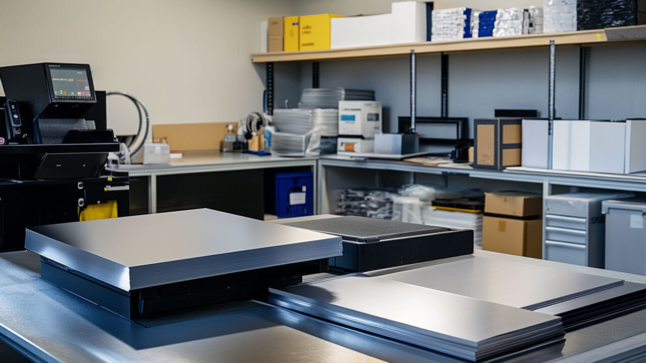 Printing workshop with stacks of paper, a digital printer, shelves with supplies, and organized boxes in the background.
