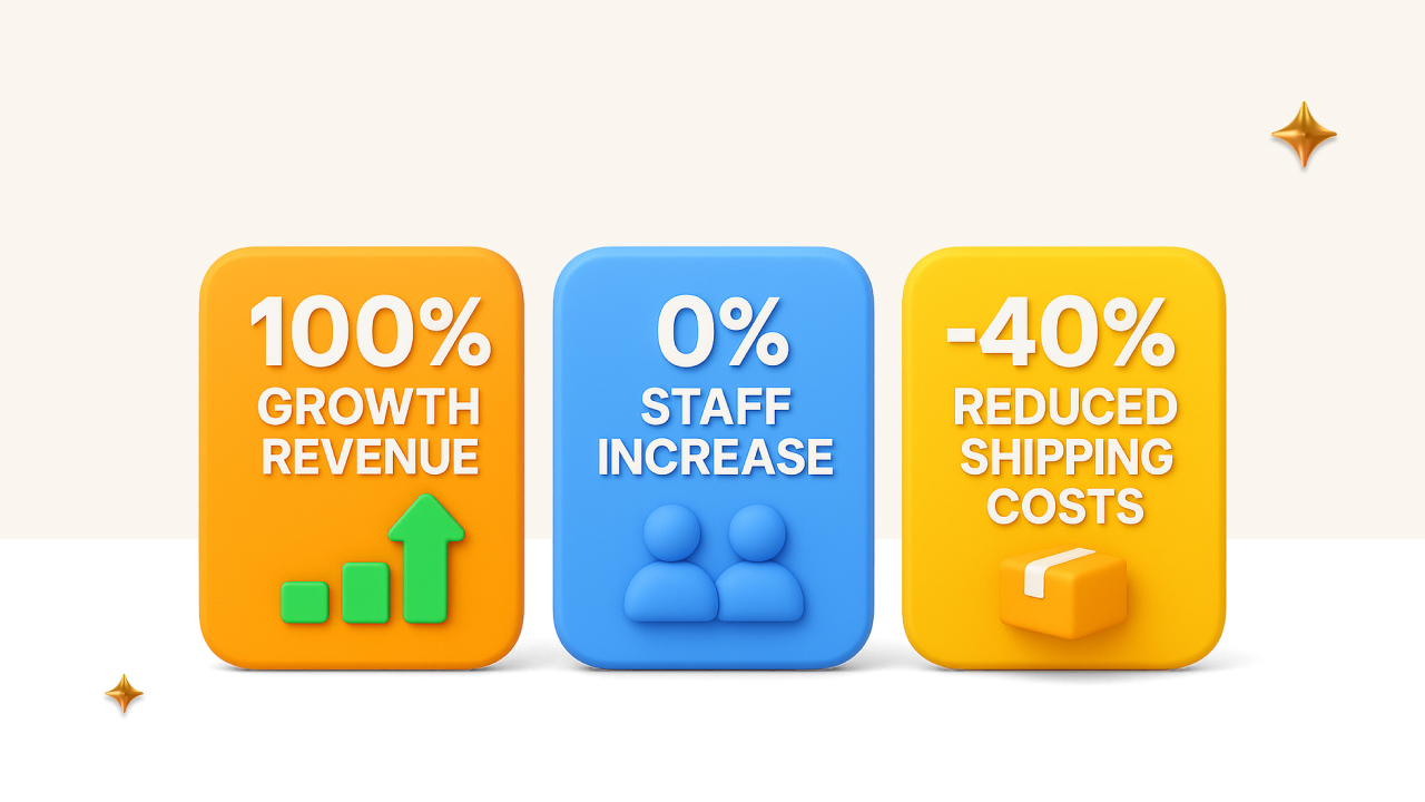 Three colorful blocks display business metrics: 100% growth revenue, 0% staff increase, and -40% reduced shipping costs, with icons.