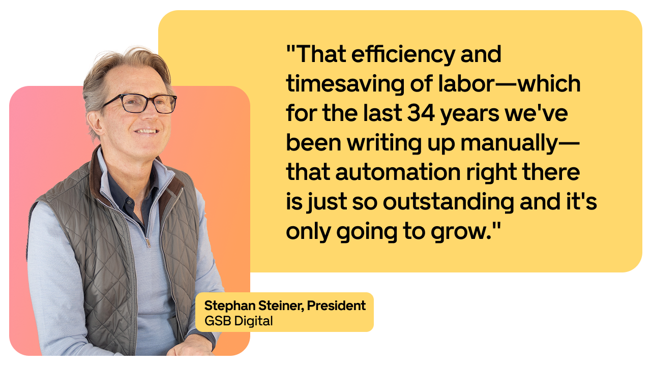 Man in glasses and vest sitting, with a quote on automation's efficiency and growth. Text box: 