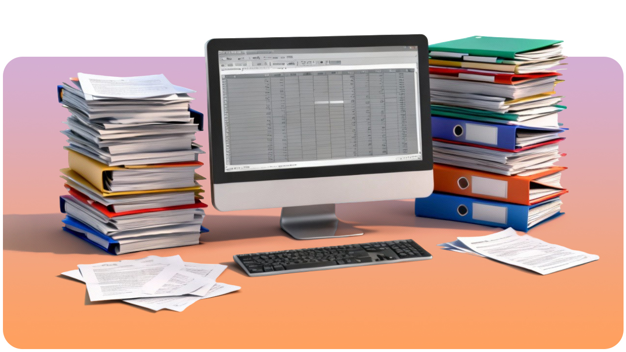 A computer displaying a spreadsheet is surrounded by stacks of colorful folders and scattered papers on a desk.