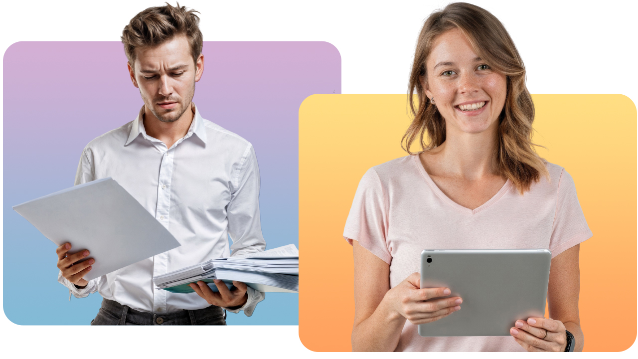 A man in a white shirt holds documents, looking focused. A woman in a pink shirt smiles while holding a tablet. Colorful backgrounds.