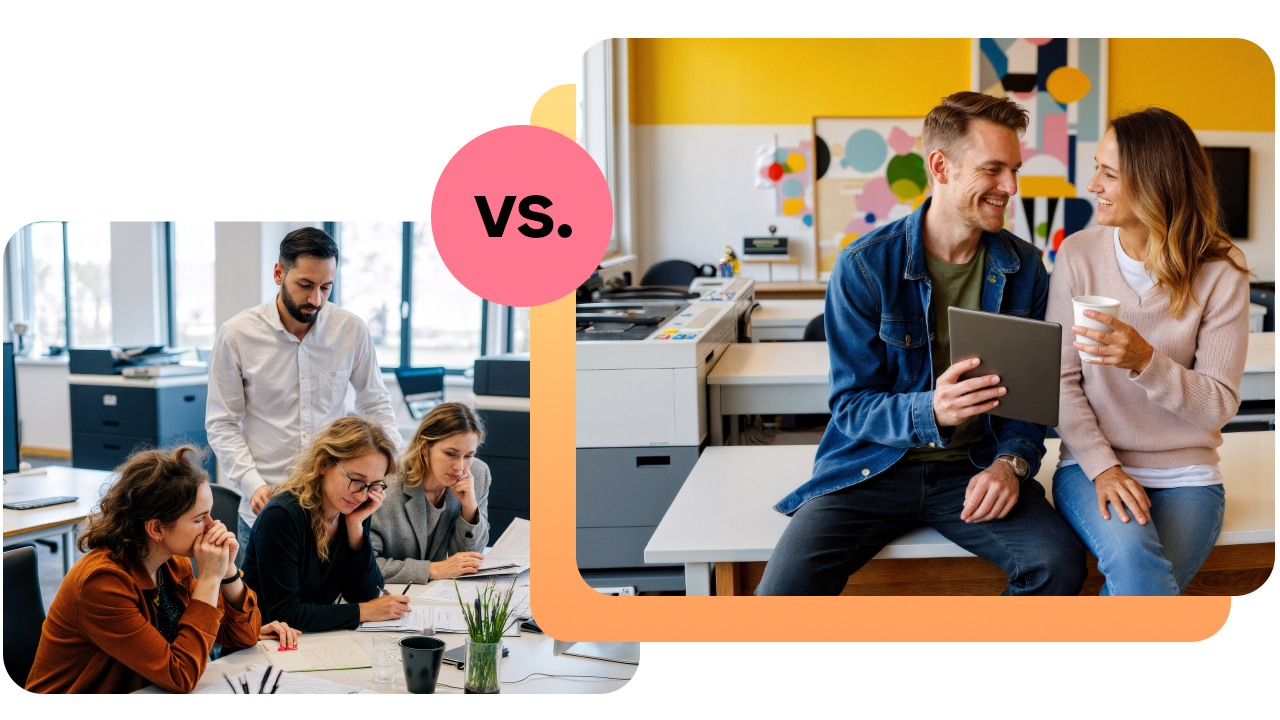 Two office scenes: one with a group focused on paperwork, the other with a relaxed pair smiling and looking at a tablet.
